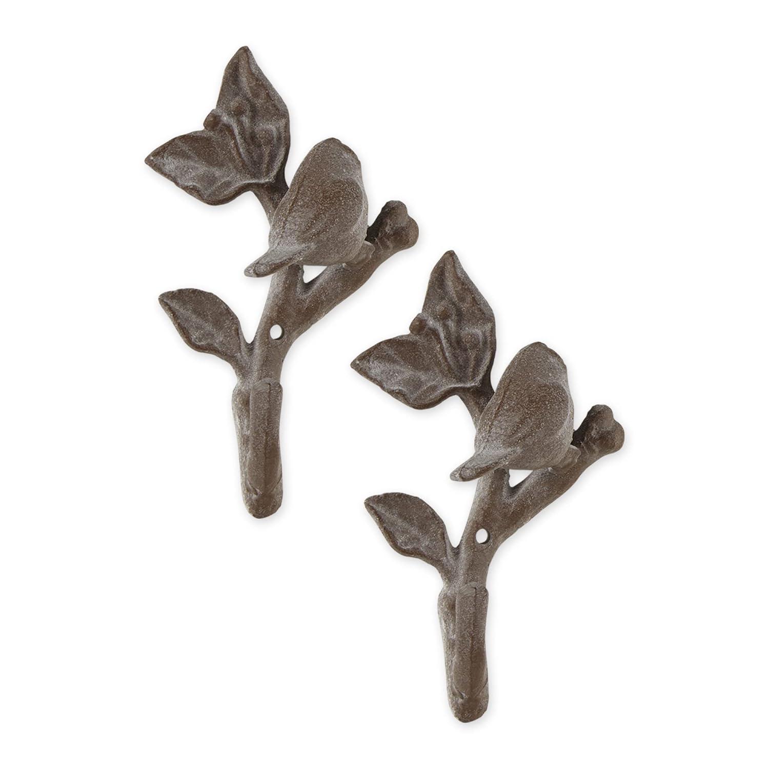 Cast Iron Bird with Leaves Wall Hook, Brown - Set of 2