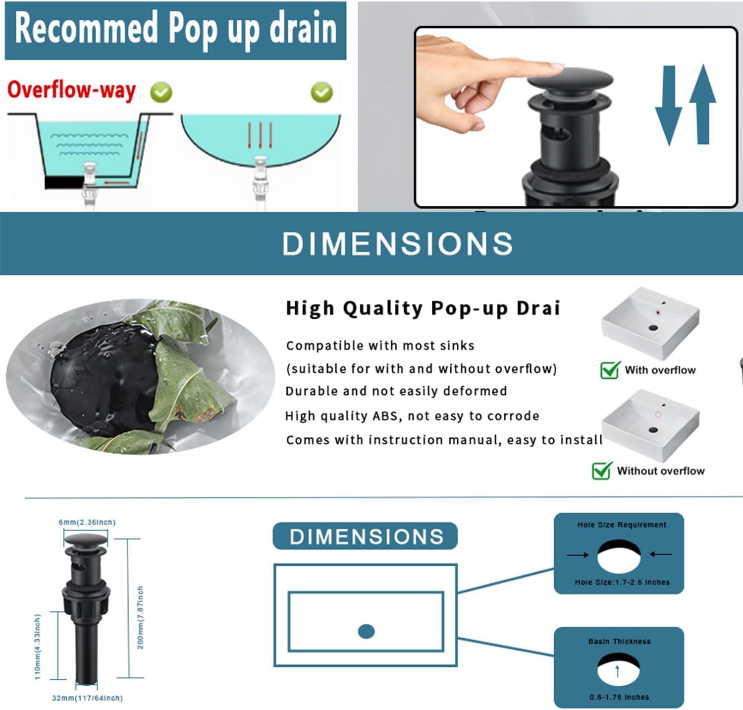 Matte Black Single Handle Waterfall Bathroom Faucet with Pop-up Drain