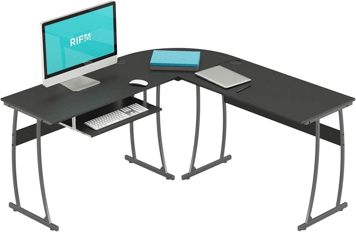 Sleek Black L-Shaped Adjustable Computer Desk with Keyboard Tray