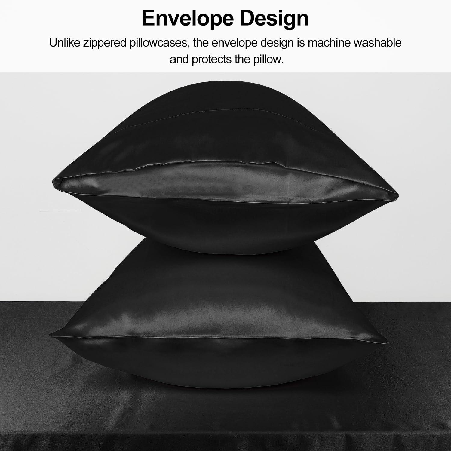 Lirex 2-Pack Microfiber Silk Pillowcase, King Size, Satin Soft, Envelope Closure, Black, Adult