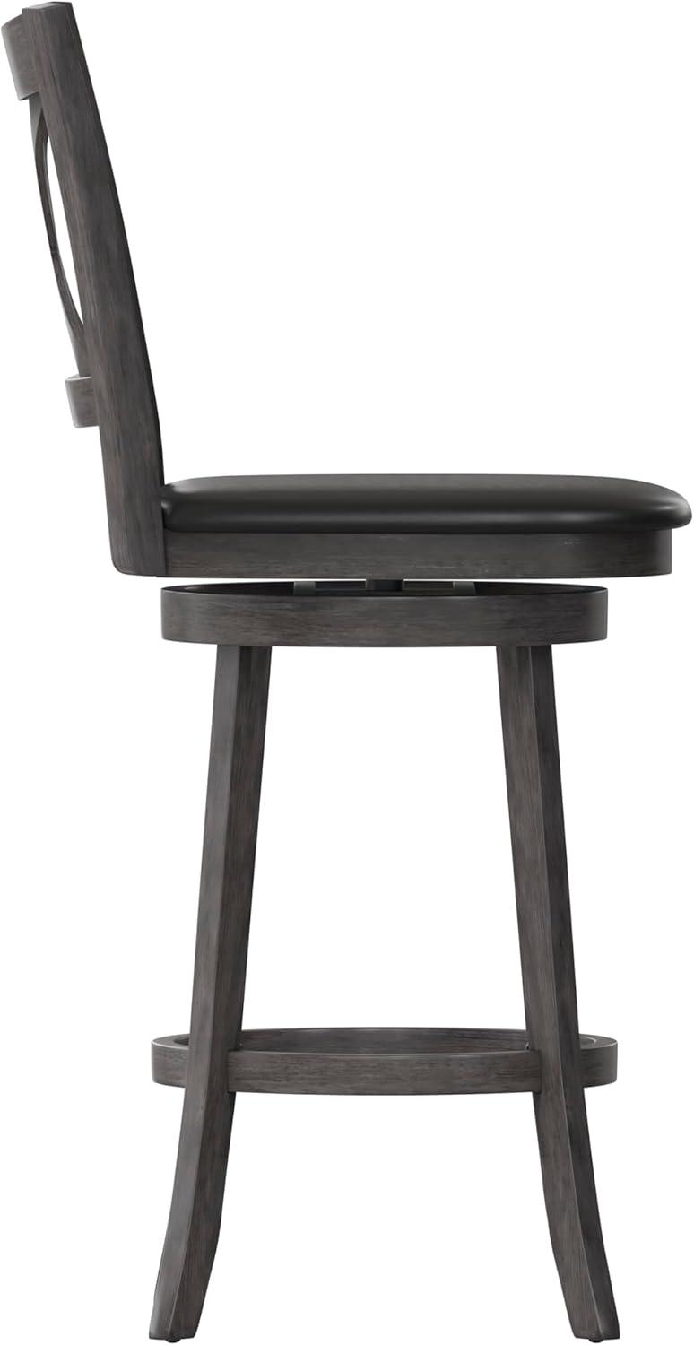 Merrick Lane 30" Gray Wash Walnut Classic Wooden Crossback Swivel Bar Height Pub Stool with Black Faux Leather Padded Seat and Integrated Footrest