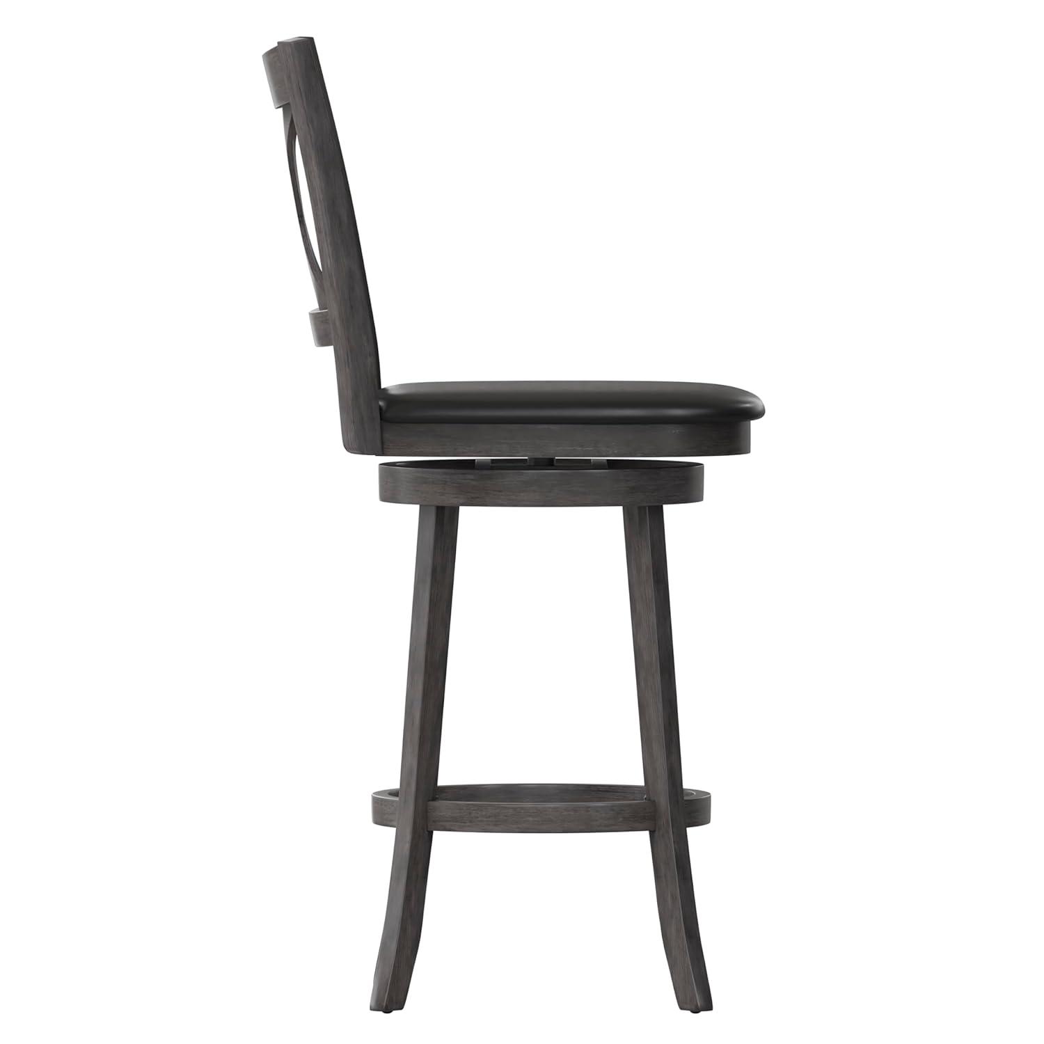 Merrick Lane 30" Gray Wash Walnut Classic Wooden Crossback Swivel Bar Height Pub Stool with Black Faux Leather Padded Seat and Integrated Footrest