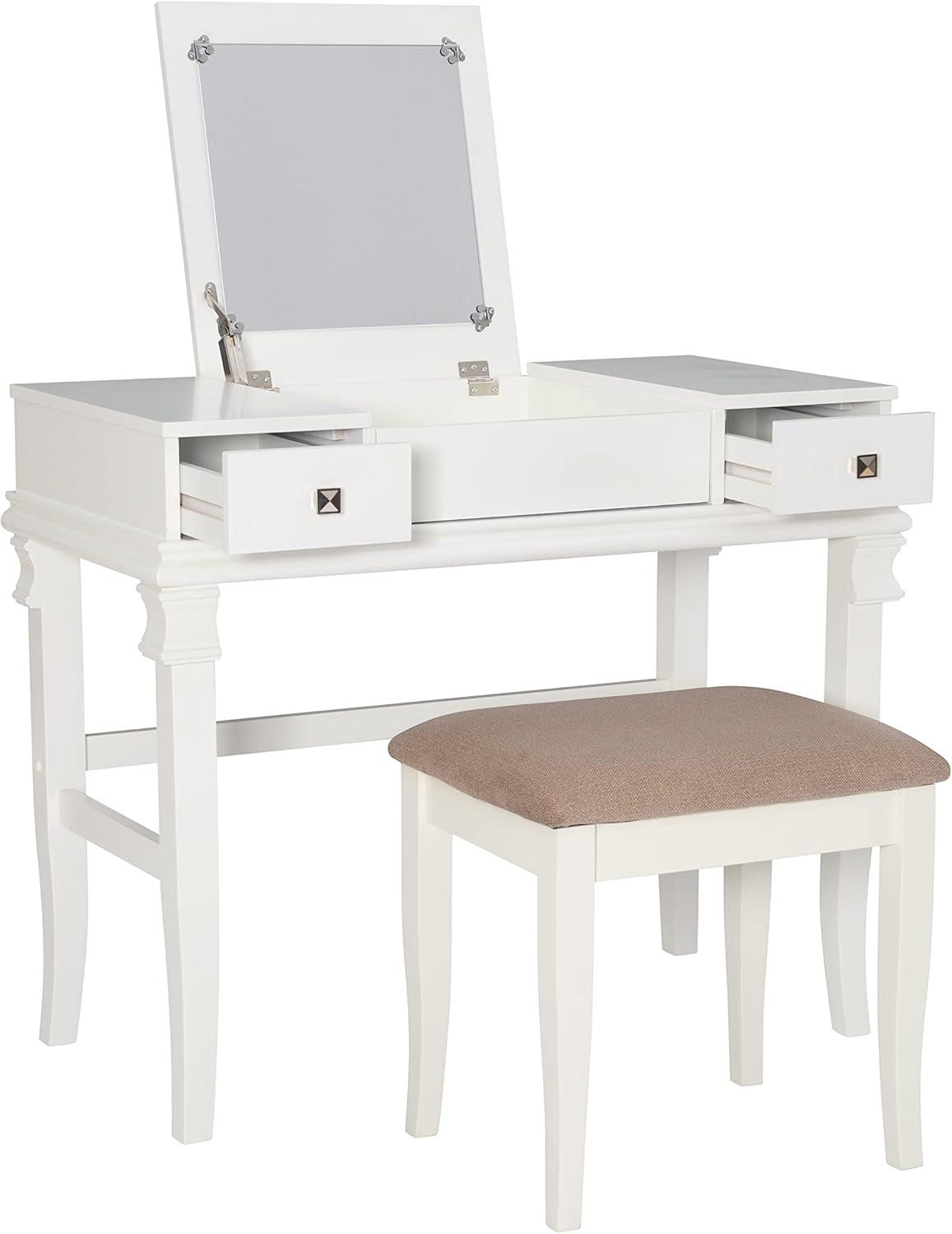 Linon Angela Wood Vanity & Padded Beige Stool 2 Drawers Flip Up Mirror in White