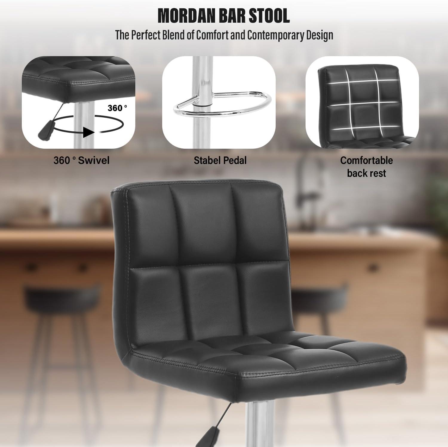 Barstools Set of 2 Counter Height Bar Stools Height Adjustable Back PU Leather Swivel Stools Hydraulic Swivel Dining Chairs for Kitchen Bar Restaurant Living Room, Black