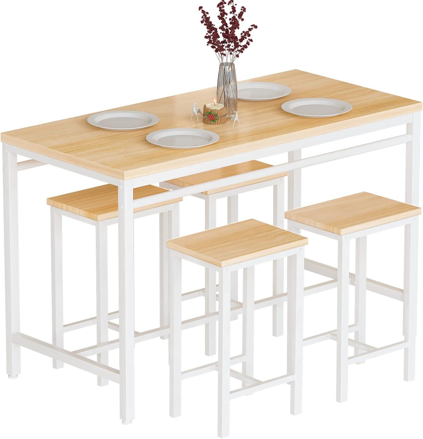Counter Height Bar Table Set, 5 Piece Dining Table Set, Modern Pub Table with 4 Stools, Home Dining Table and Stools Set, 4-Person Kitchen Breakfast Table Set, Rustic Brown, D8995