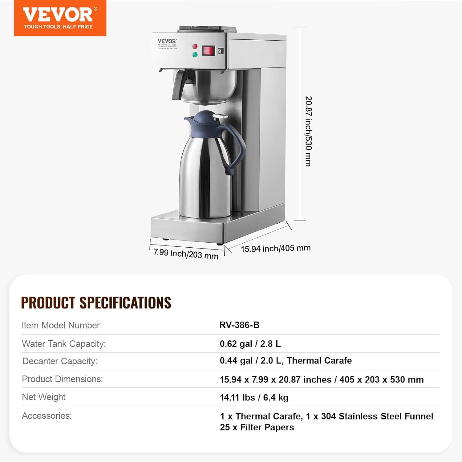 VEVOR 12 Cups Commercial Drip Coffee Maker, Coffee Maker Machine with Thermal Carafe to Keep Warm or Cold, Stainless Steel Pour Over Coffee Brewer