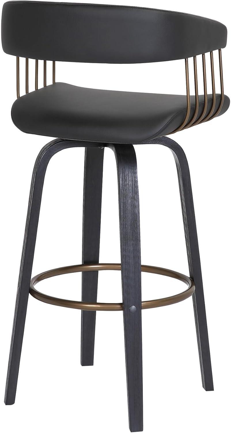 Topanga 26" Swivel Black Wood Counter Stool in Black Faux Leather with Golden Bronze Metal