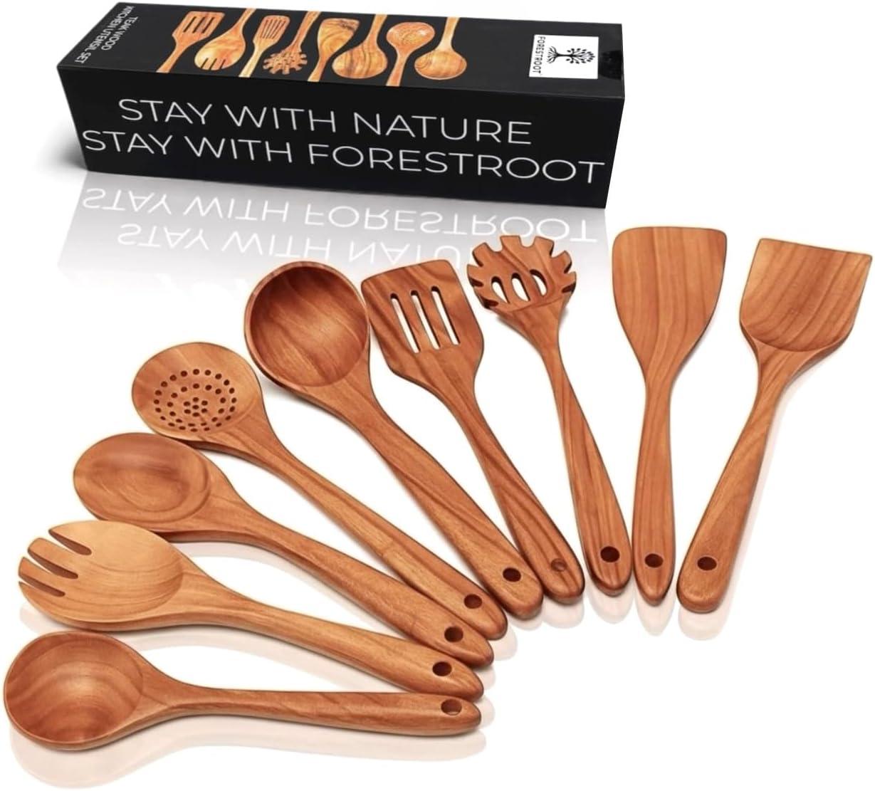 Zulay 9-Piece Teak Wooden Utensils For Cooking, Smooth Finish Kitchen Utensils Set with Gift Box