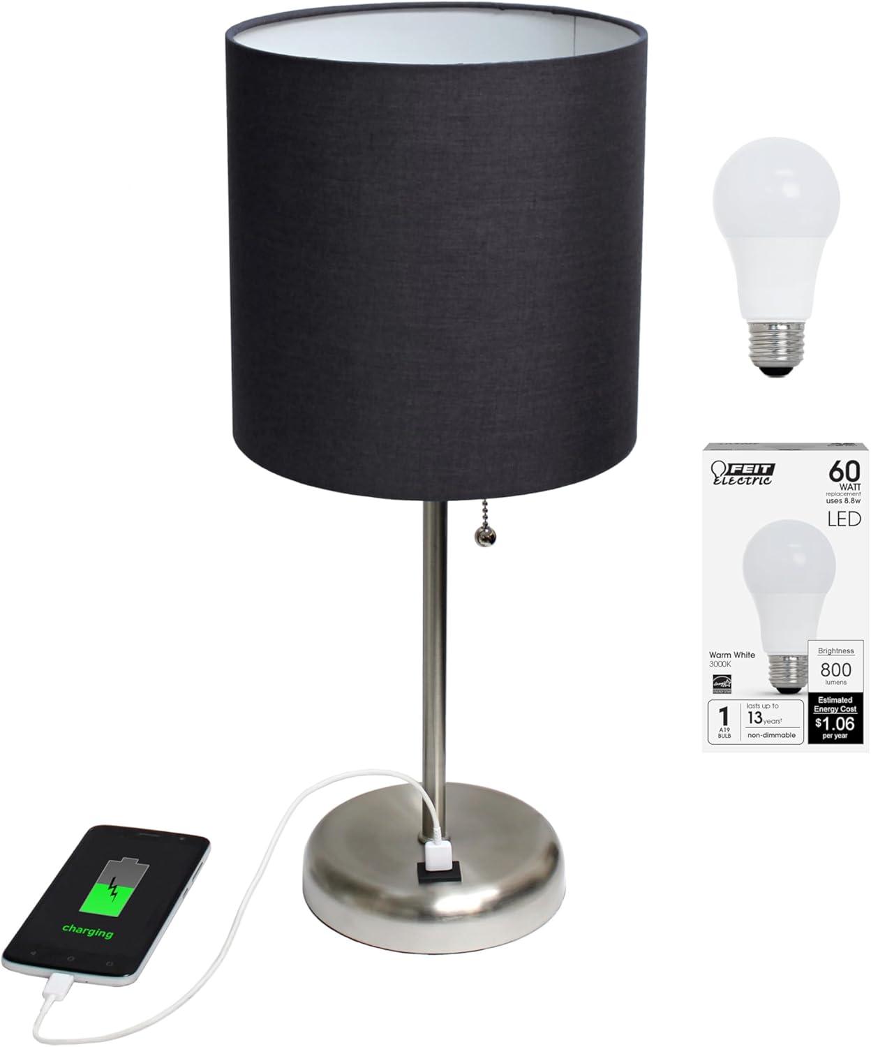 Black Brushed Steel Stick Table Lamp with USB Port