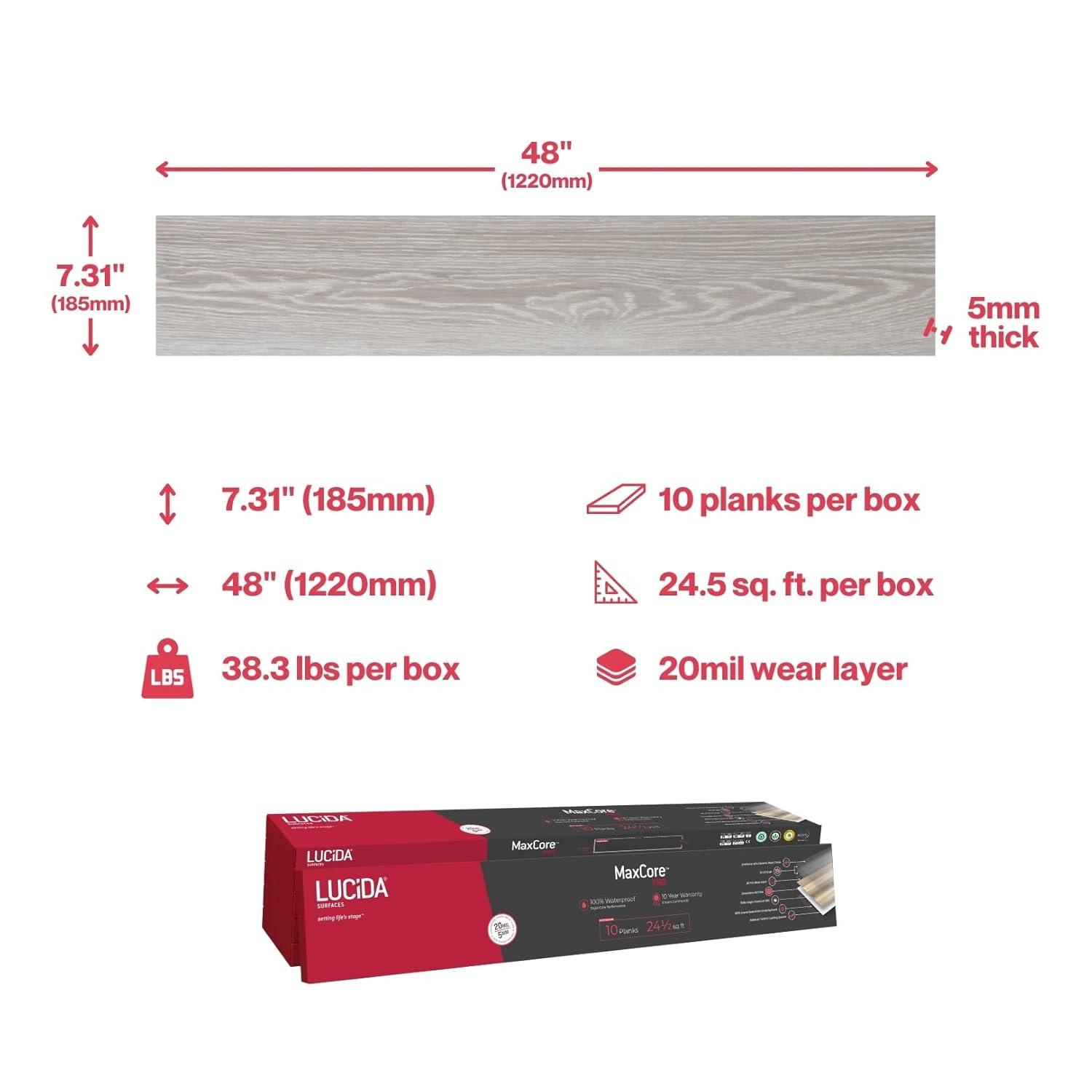 Lucida USA MaxCore Pro 20mil x 7.3" W x 48" L Click Lock Luxury Vinyl Plank Flooring