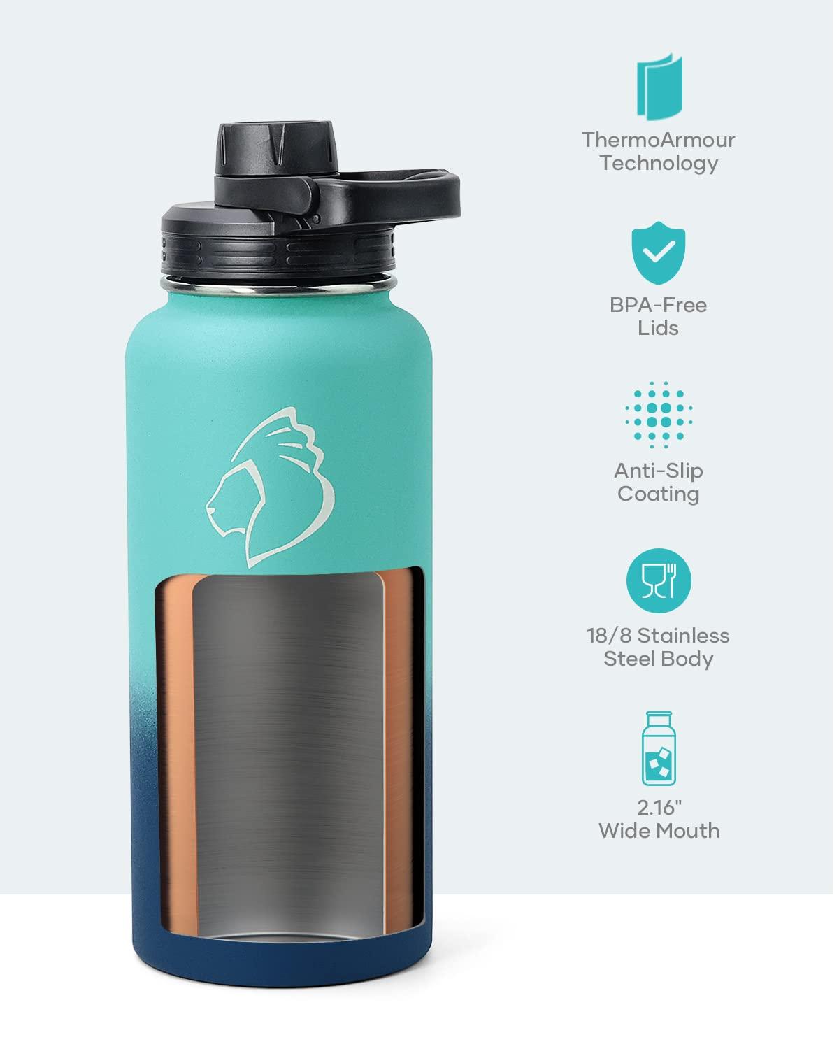 Buzio 32 oz Insulated with Straw & Brush Vaccum Stainless Steel Metal 3 Lids Water Flask for Sports, Gym or Office Keep Cold 48H Hot 24H，Pacific Prince