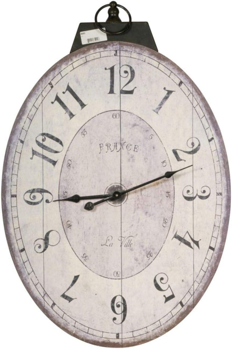 Distressed White and Brown Oval Wooden Wall Clock with Metal Loop