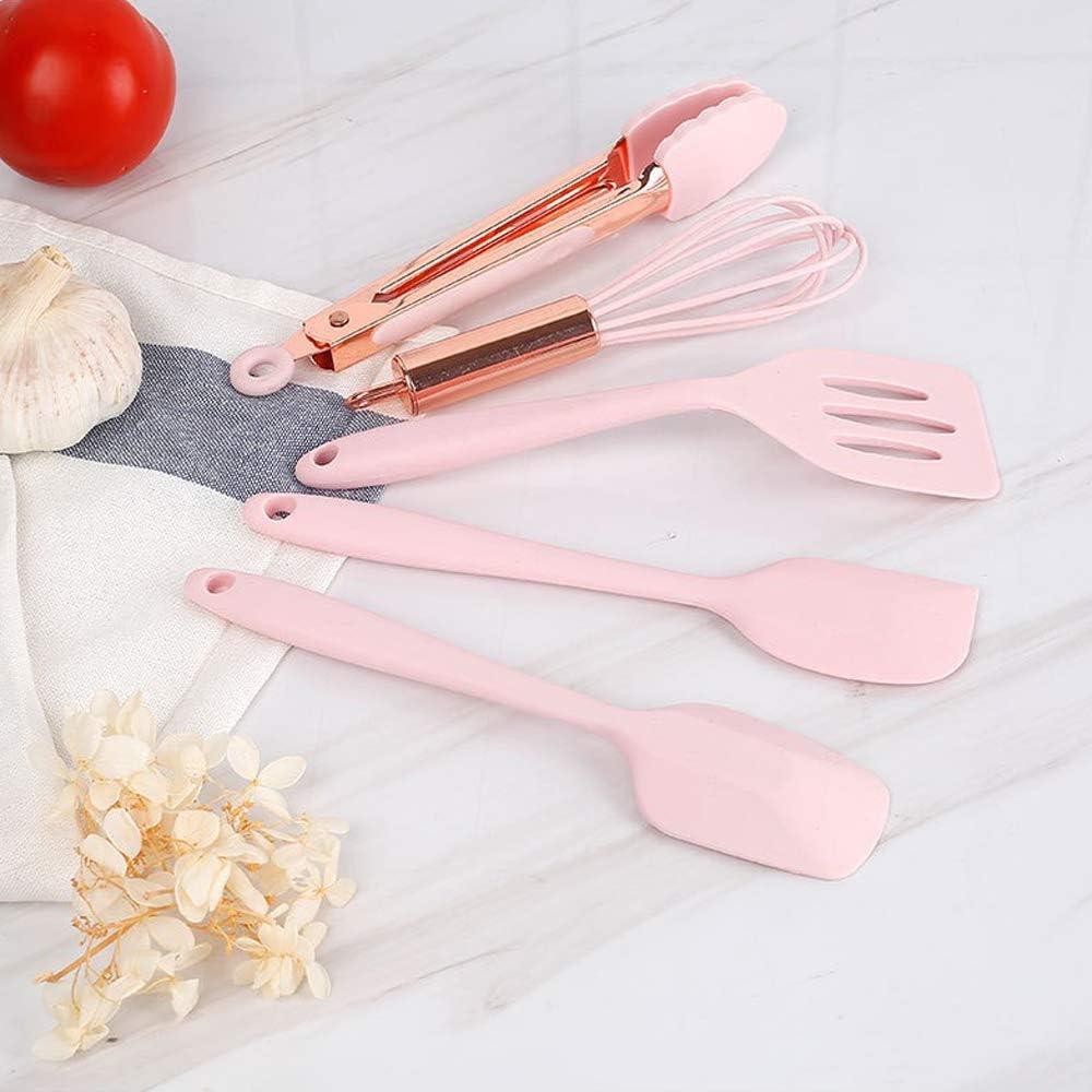 Hvanam Rose Gold And Pink Kitchen Utensil Small Five-Piece Set Mini Silicone Kids Kitchen Tools Whisk Spatula Tongs Spoon And Slotted Spatula(Pink 5 Piece)