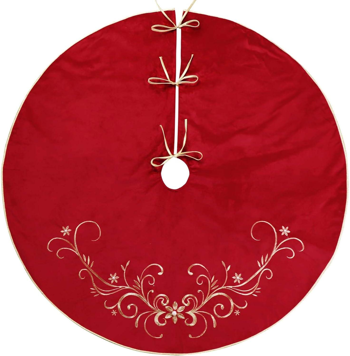 Red Velvet Fur 48'' Christmas Tree Skirt with White Trim