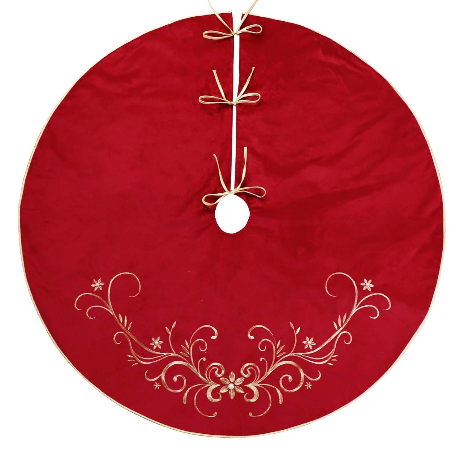 Christmas Tree Skirt, 48 inches Red Luxury Velvet Plush Fur Skirts with Gold Embroidered Holly Leaf for Rustic Xmas Tree Holiday Decorations