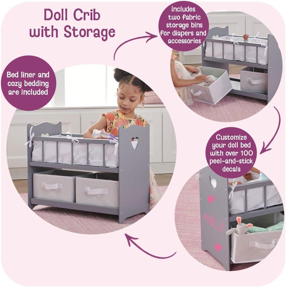 Badger Basket Doll Crib with Two Baskets and Free Personalization Kit - Executive Gray