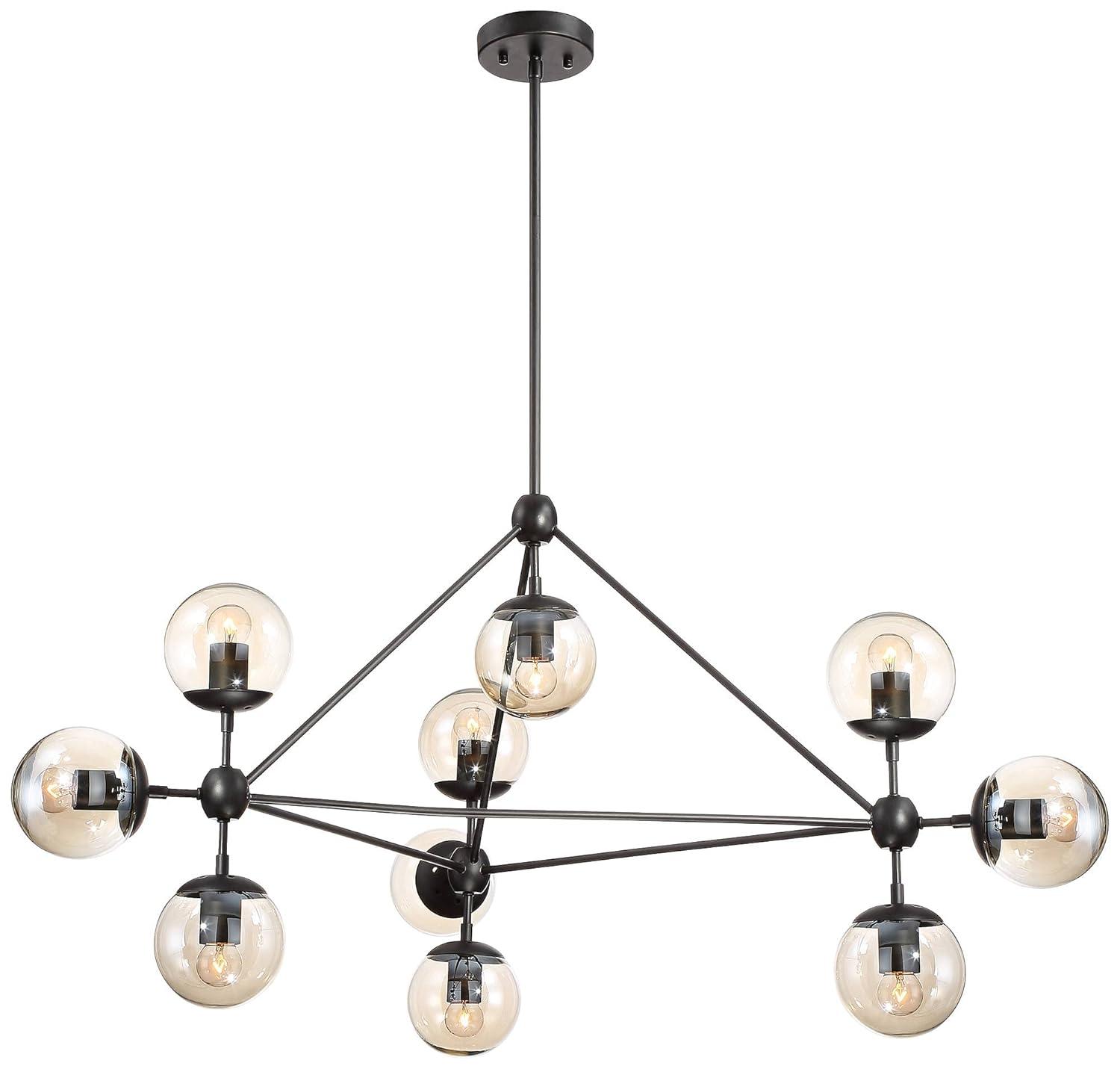 Possini Euro Design Gable Black Large Chandelier 41 1/2" Wide Mid Century Modern Cognac Glass Shade 10-Light Fixture for Dining Room Kitchen Island
