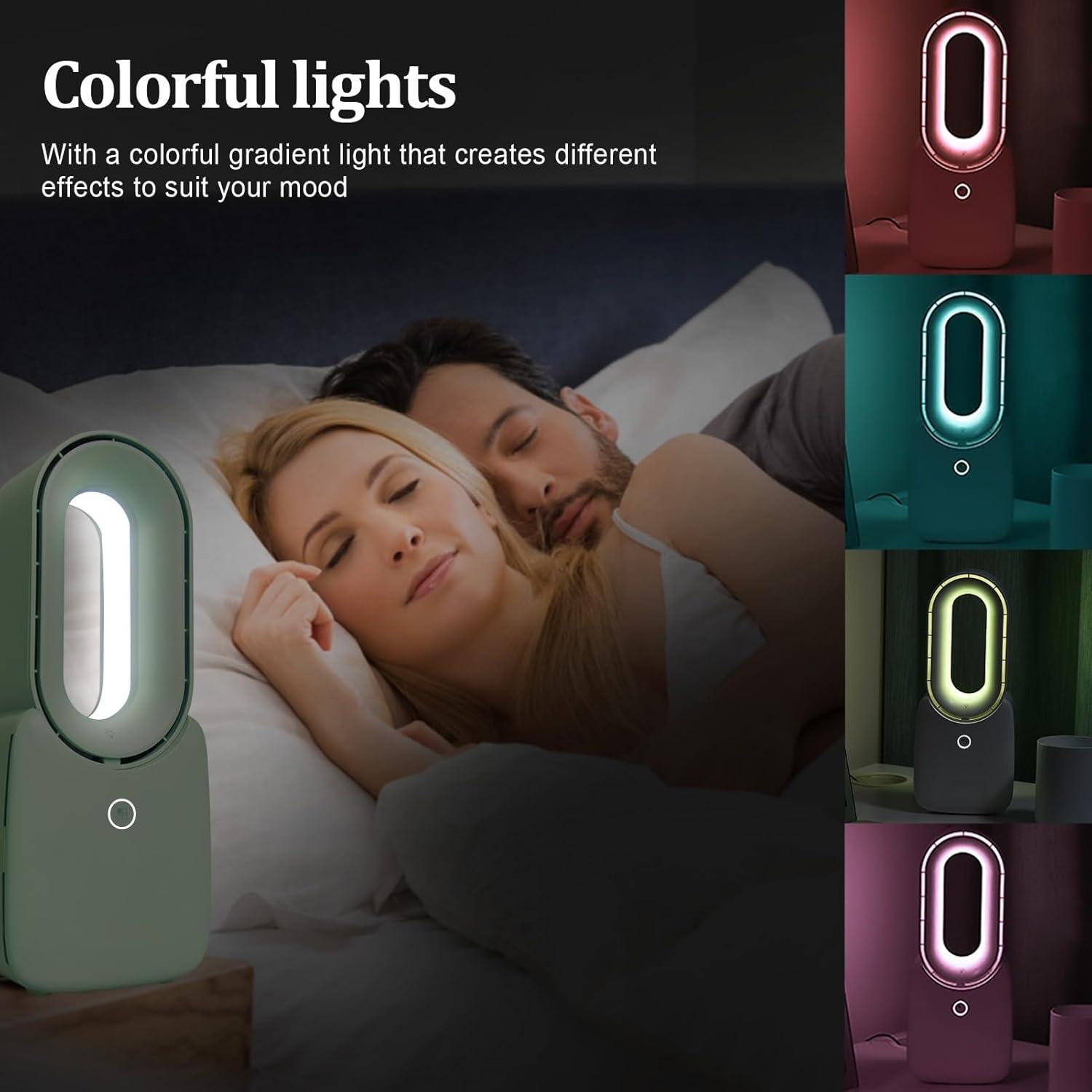 CONBOLA Desk Fan, 11.8 Inch Bladeless Fan Small Table Fan Air Cooler, Portable Rechargeable Breeze Quiet Fan with Touch Control 5-Colors Decorative LED Light for Office Bedroom（Green）