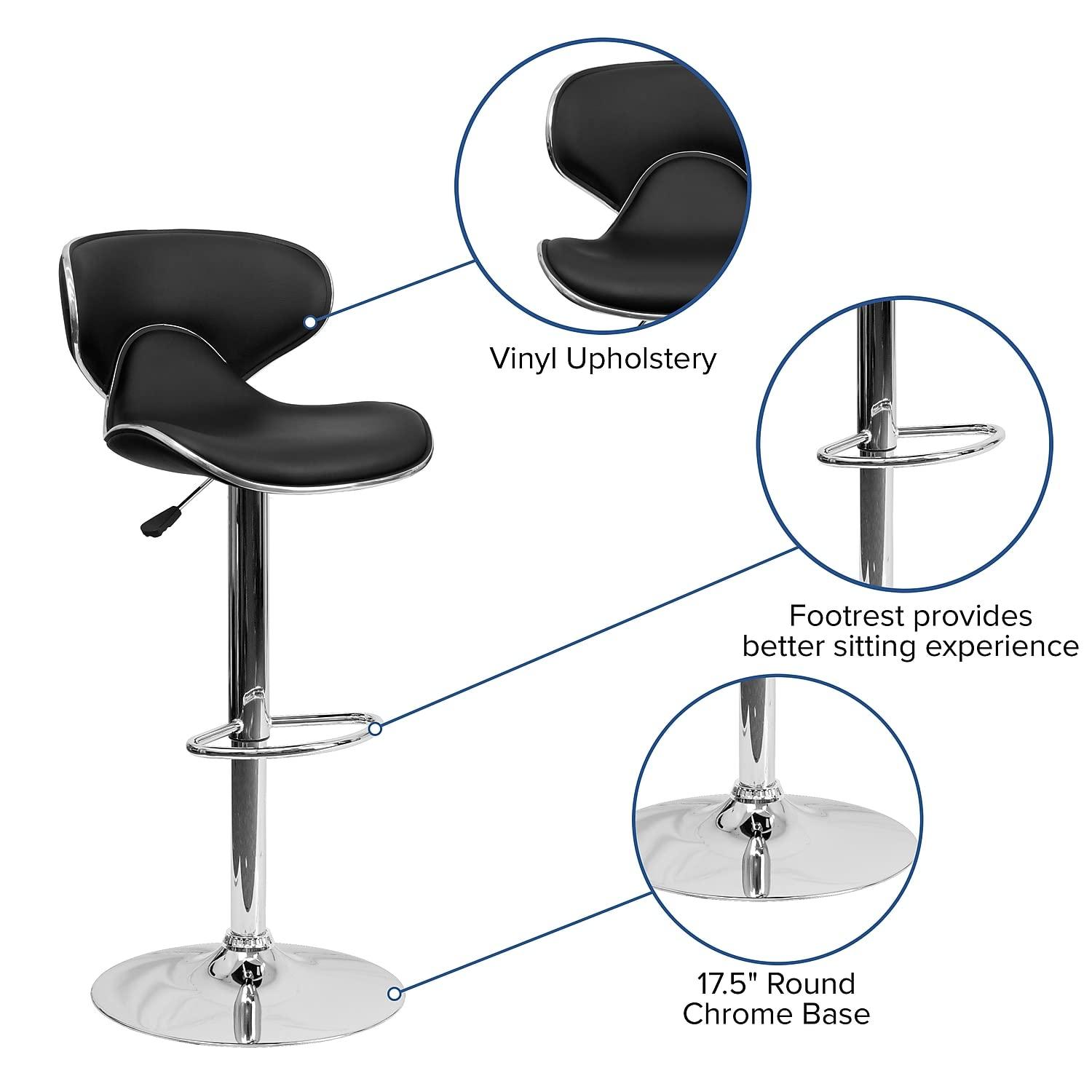 Flash Furniture Contemporary Cozy Mid-Back Black Vinyl Adjustable Height Barstool with Chrome Base