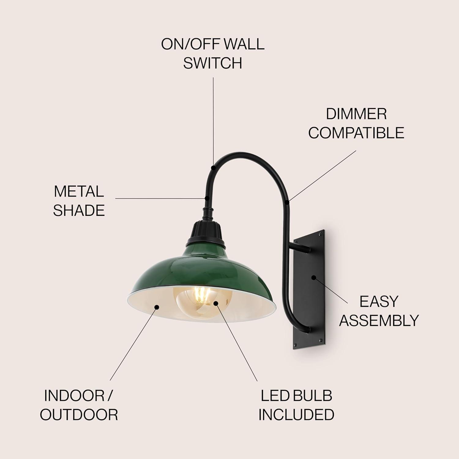 Stanley 12.25" 1-Light Farmhouse Industrial Indoor/Outdoor Iron LED Gooseneck Arm Outdoor Sconce, Green