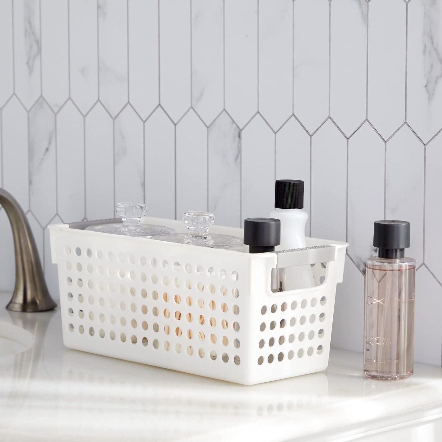 Farmlyn Creek 4 Pack Plastic Baskets for Organizing, Small Bins with Handles for Kitchen, Bathroom, Laundry, Shelf (White, 5 Inches)