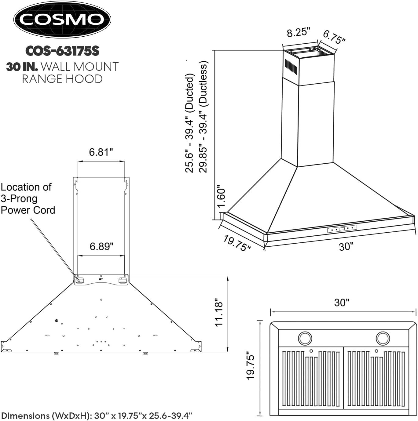 30-Inch Stainless Steel Wall-Mount Convertible Range Hood