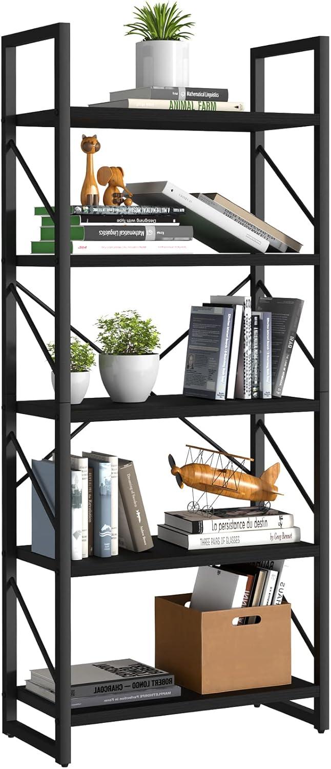 WedealFu Inc Roul Wood 5 Tiers Bookshelf Modern Bookcase Storage Rack Shelves Black