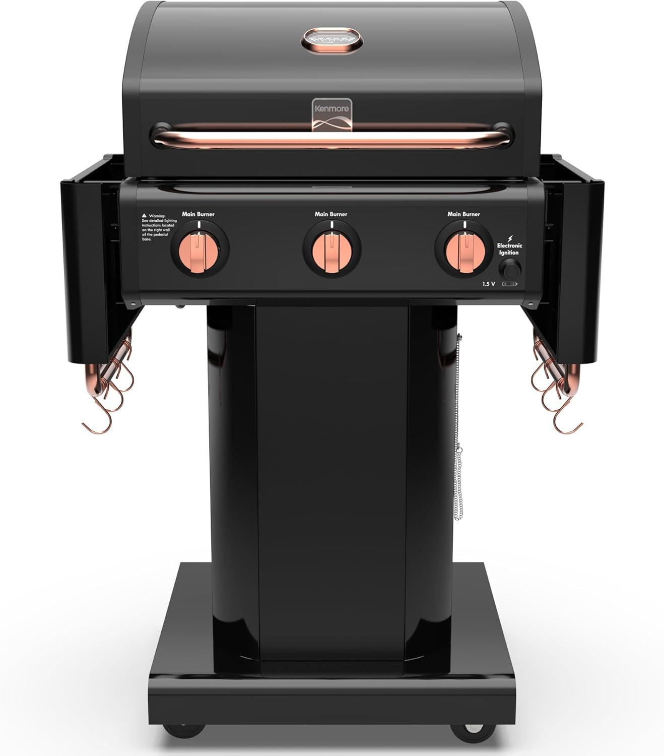 Kenmore 3-Burner Propane Gas Grill with Foldable Side Tables for Outdoor BBQ