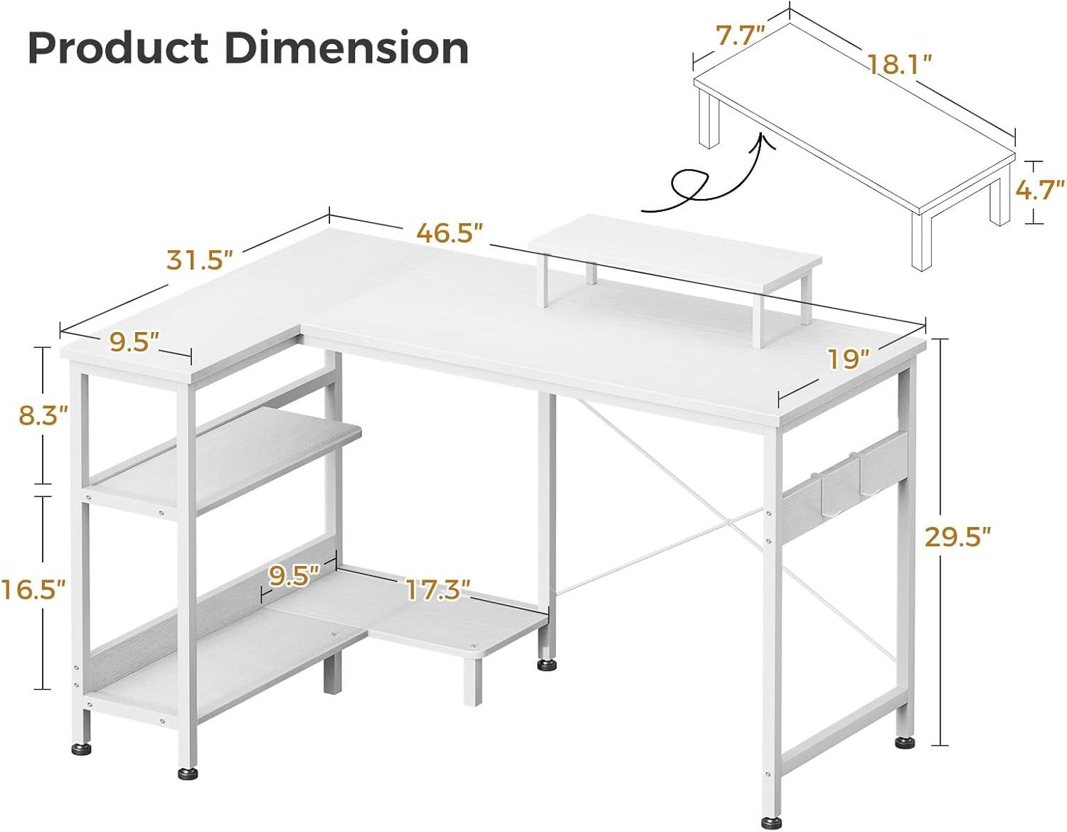 ODK 47 Inch Compact L Shaped Desk for Apartment, Living Room, Bedroom, or Office with Storage Shelves, Headphone Hook, and Monitor Stand