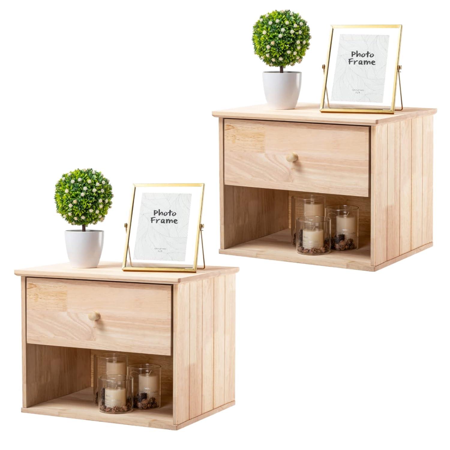 Natural Rubber Wood Floating Nightstand with Drawer and Shelf, Set of 2
