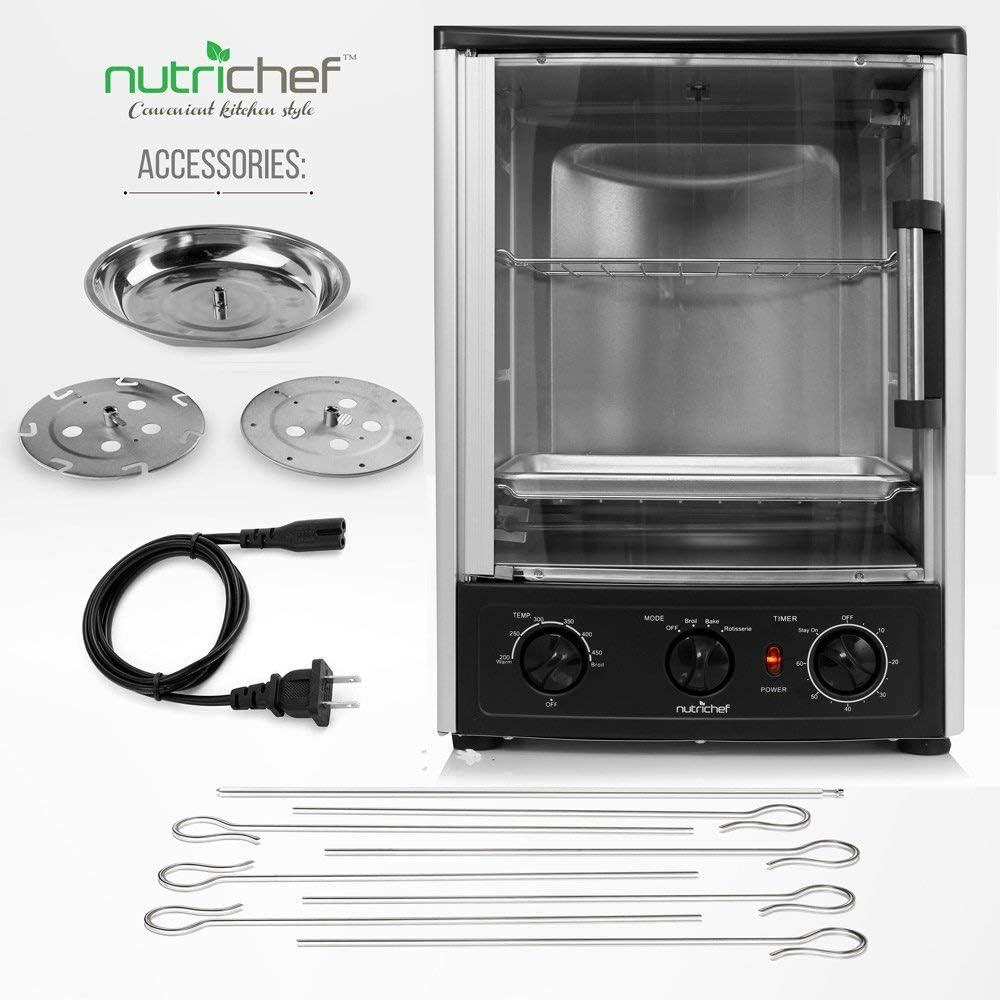 Nutrichef Vertical Countertop Oven with Rotisserie, Bake, Broil, & Kebab Rack Functions - Adjustable Settings - 2 Shelves