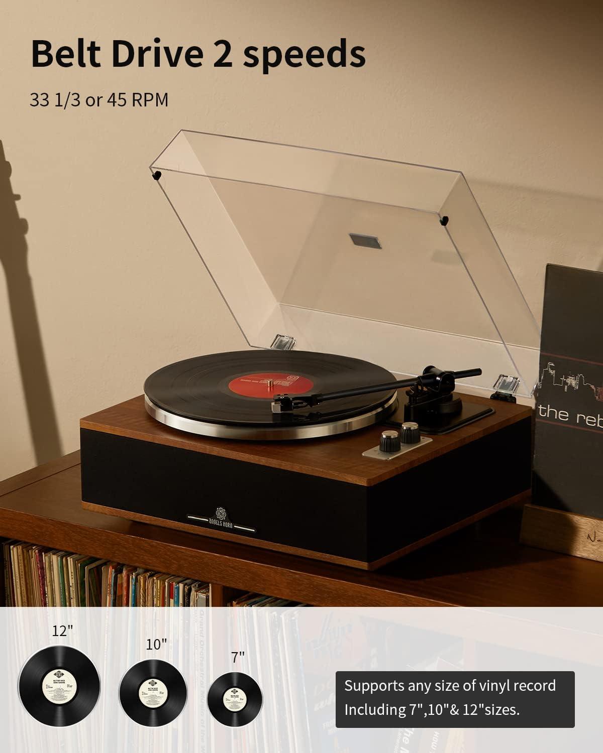 Angels Horn H019 Bluetooth Turntable, High-Fidelity Vinyl Record Player with Built-in Speakers