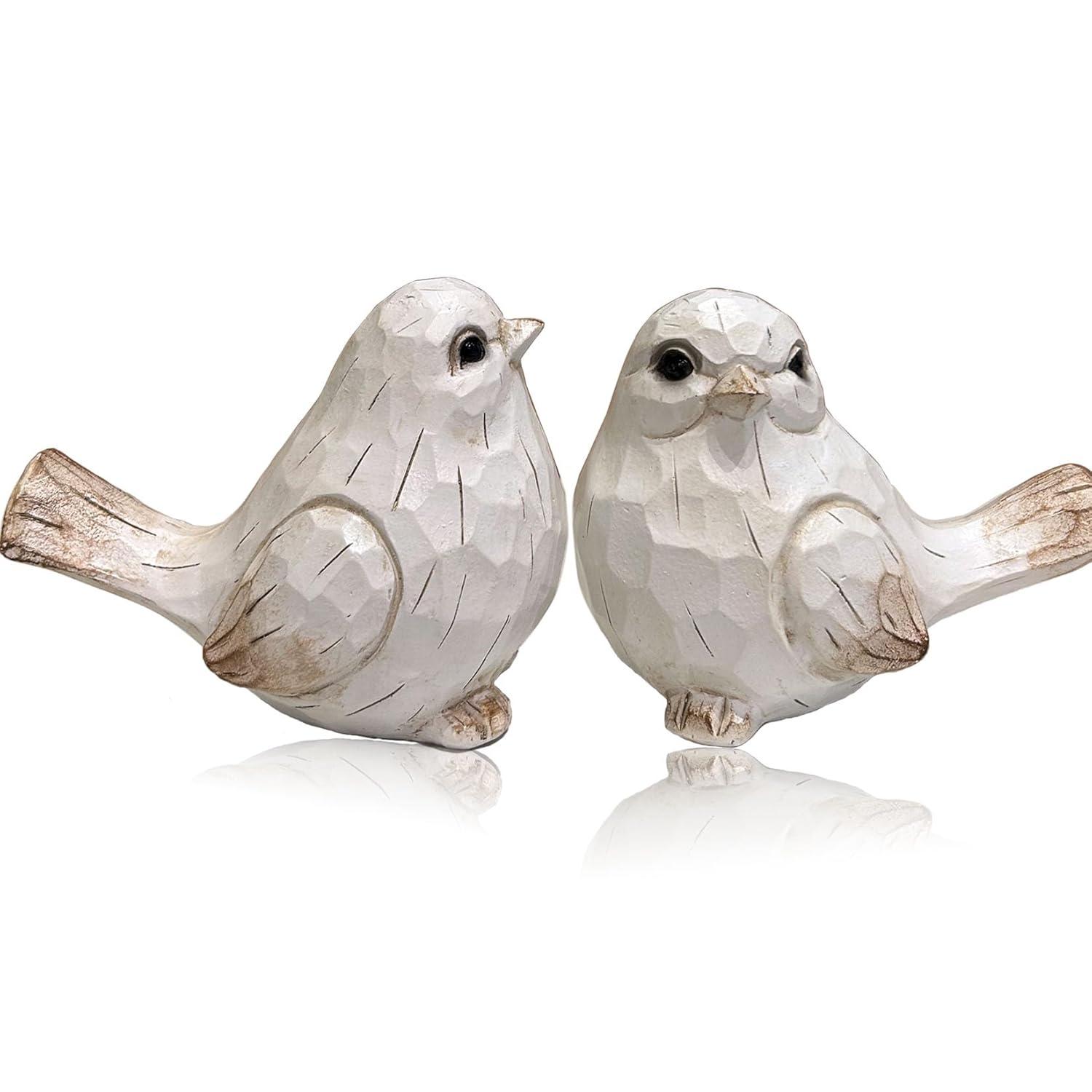 Farmhouse Bird Decor Resin Bird Figurines - Set of 2, Vintage & Modern Bird Decor Statue for Home Decor Accents, Cottage Bird Ornaments Decoration New White Carved Rustic Bird Figurine