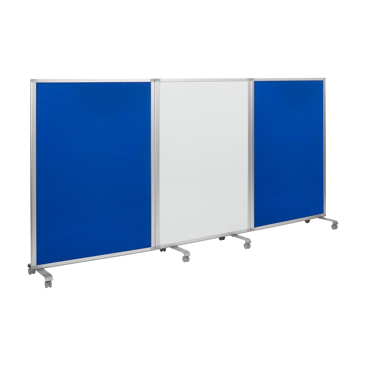 Blue and White 3-Panel Mobile Dry-Erase and Felt Room Divider