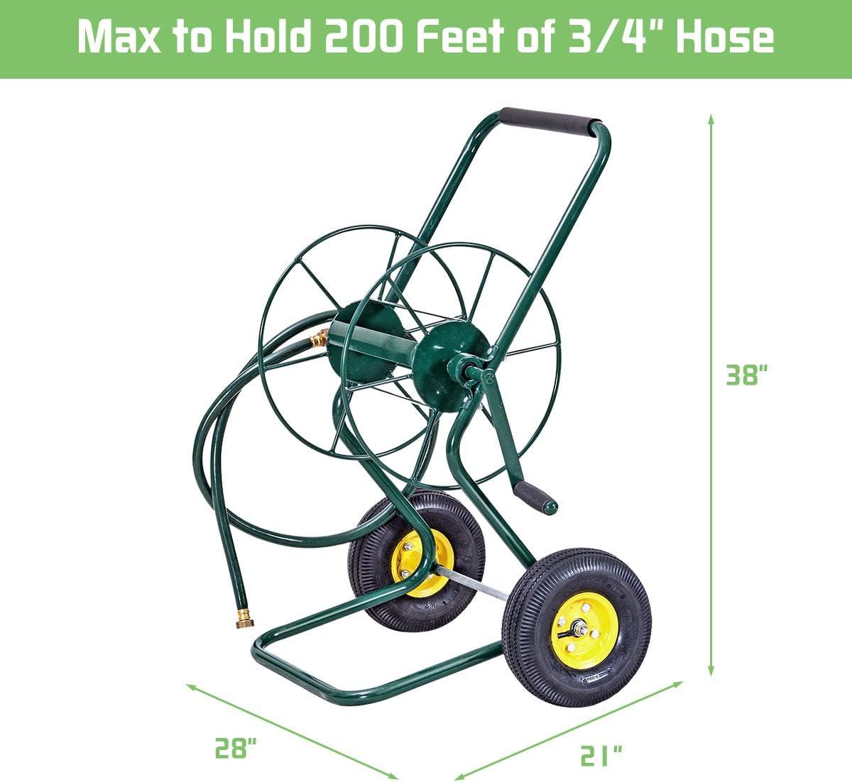 Green Steel Frame Garden Hose Reel Cart with 10" Wheels