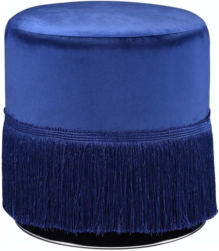 17" Clivia Velvet Ottoman Midnight Blue - Acme Furniture: Cylindrical, Fringe Base, No Assembly