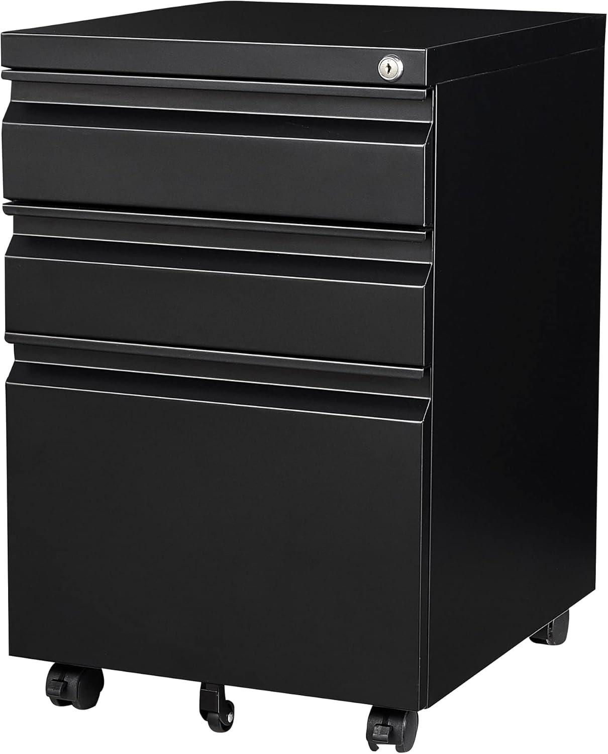 3 Drawer File Cabinet with Wheels, Metal Filing Cabinet with Lock, Office Rolling File Cabinets for A4/Legal/Letter Size, Assembly Required, Black