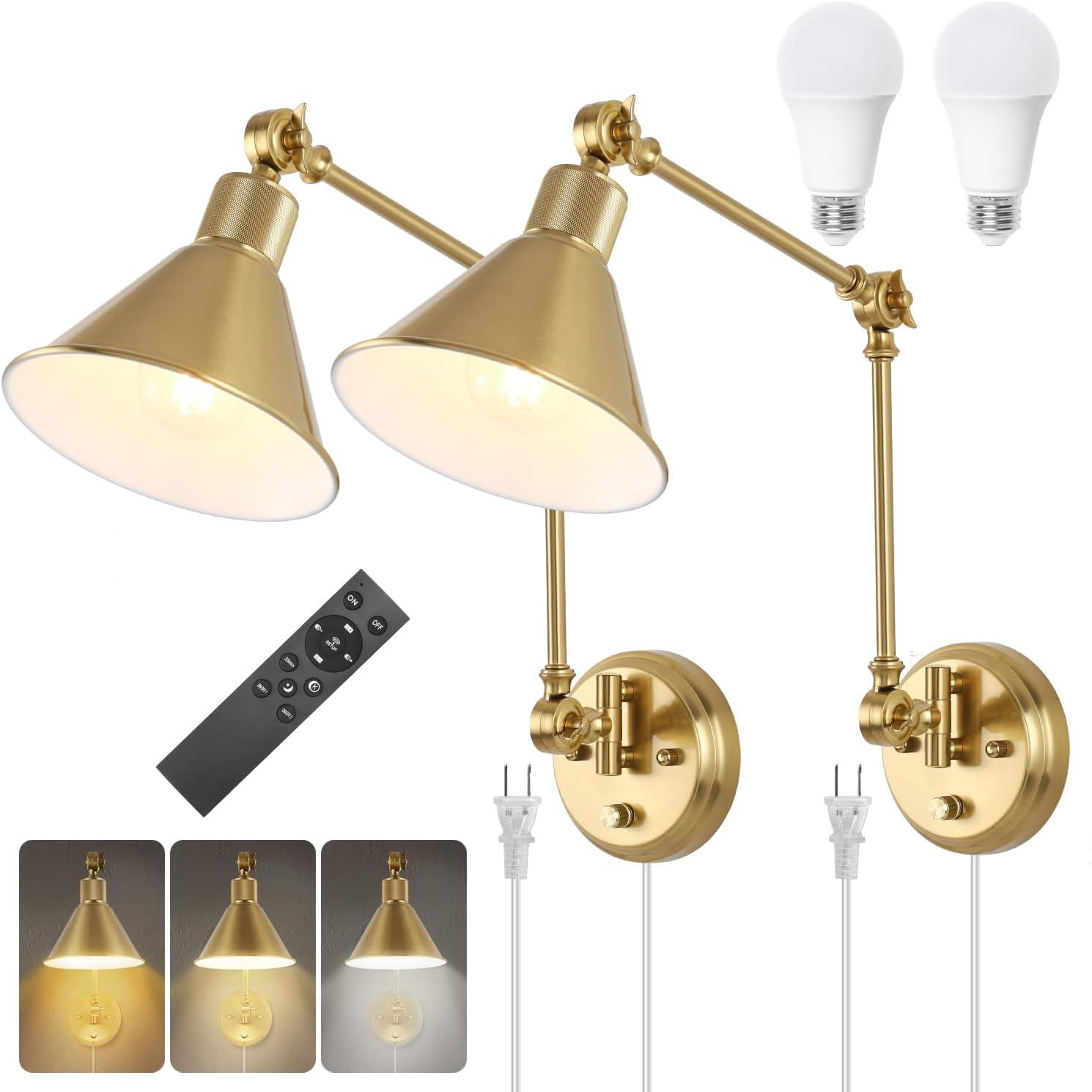 Gold Adjustable Swing Arm Wall Sconce Set with Dimmable LED