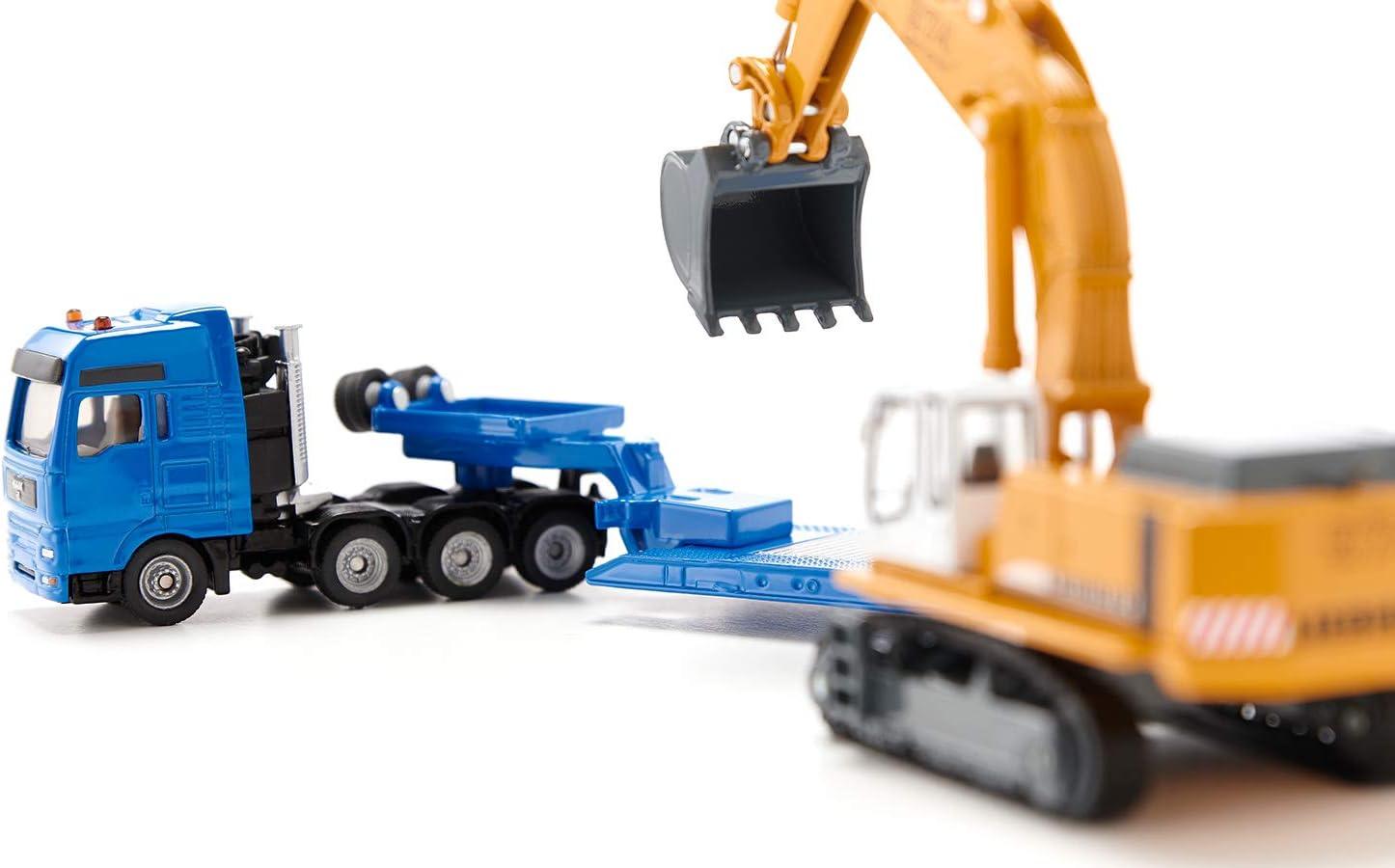 Heavy Haulage Flatbed Transporter Blue and Liebherr 974 Litronic Excavator Yellow 1/87 (HO) Diecast Models by Siku
