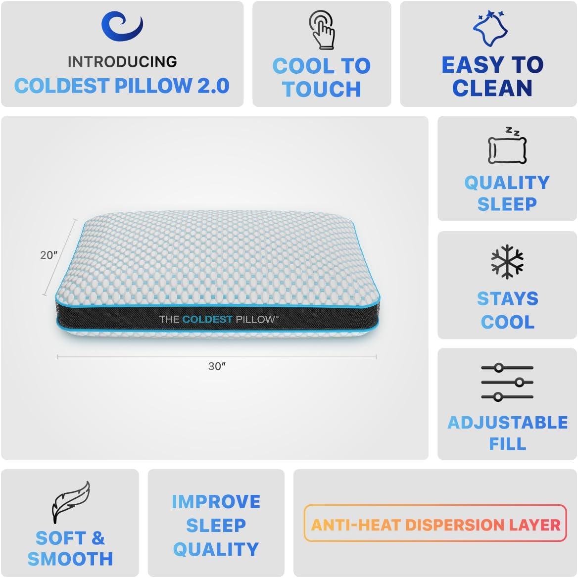 Coldest Pillow Queen - Adjustable Fill Bed Pillow, Best for Breathable Cool Sleep Relief While Sleeping