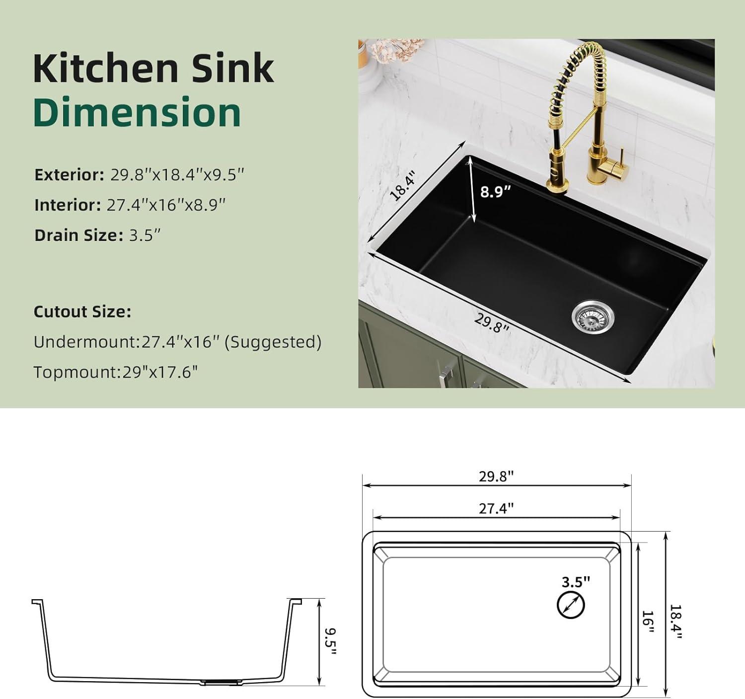 Davivy 33 Inch Black Granite Composite Kitchen Sink Workstation, 33 X 22 Quartz Composite Dual Mount Sink, Matte Black Composite Single Bowl Sink