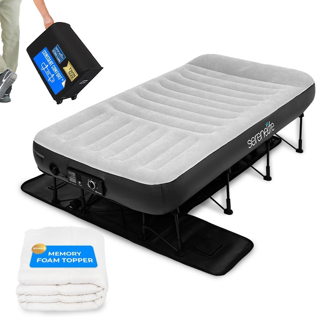 SereneLife Luxe Series EZ Bed - Twin Air Mattress with Frame, Internal Pillow, Memory Foam Cover, Built-In Pump - 20" Raised Height