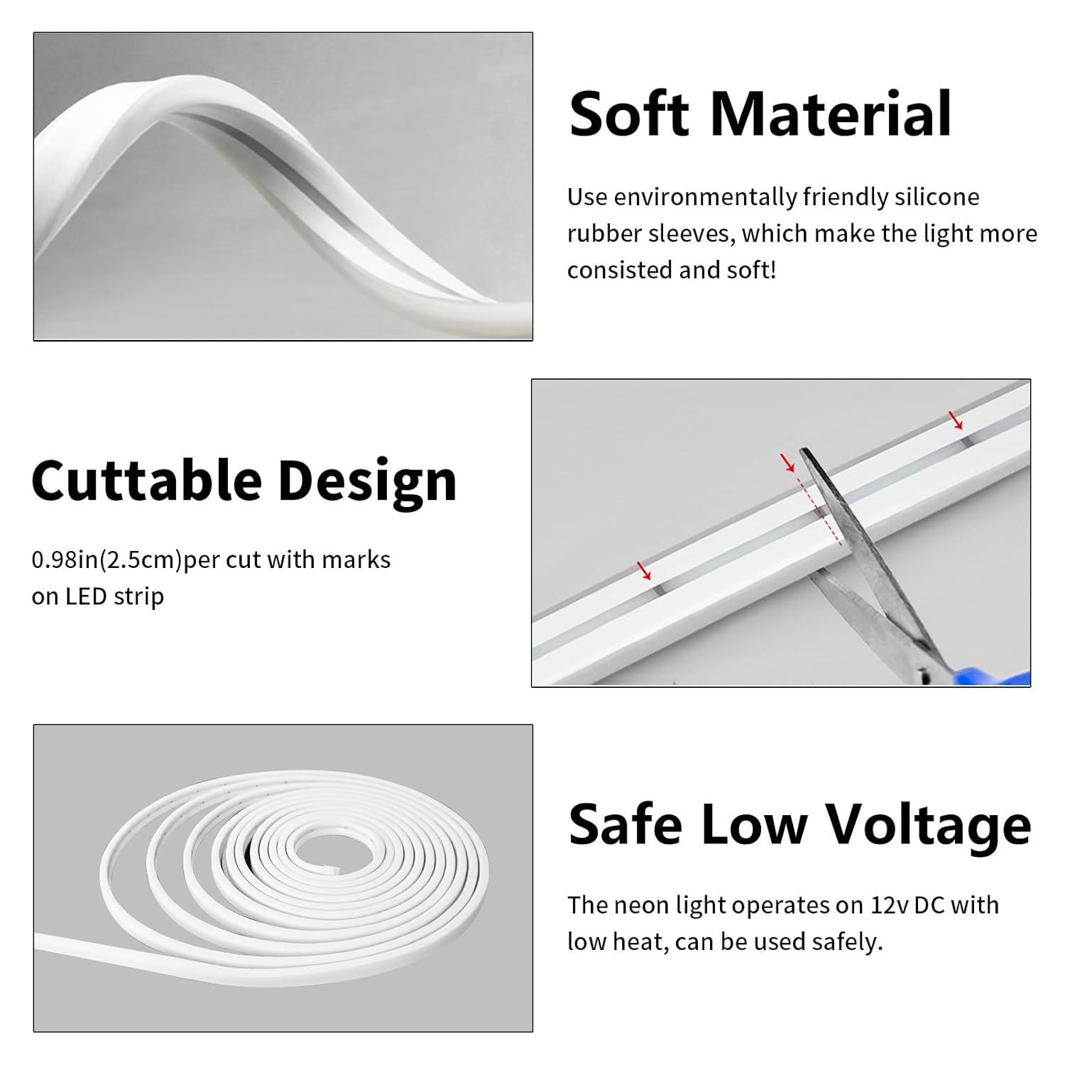 TRAHOO-Neon LED Strip Lights White 16.4ft/5m Neon Light Strip 12V Silicone Waterproof Flexible LED Neon Rope Lights for Bedroom Festival Indoor Outdoor Decor (Power Adapter not Included)