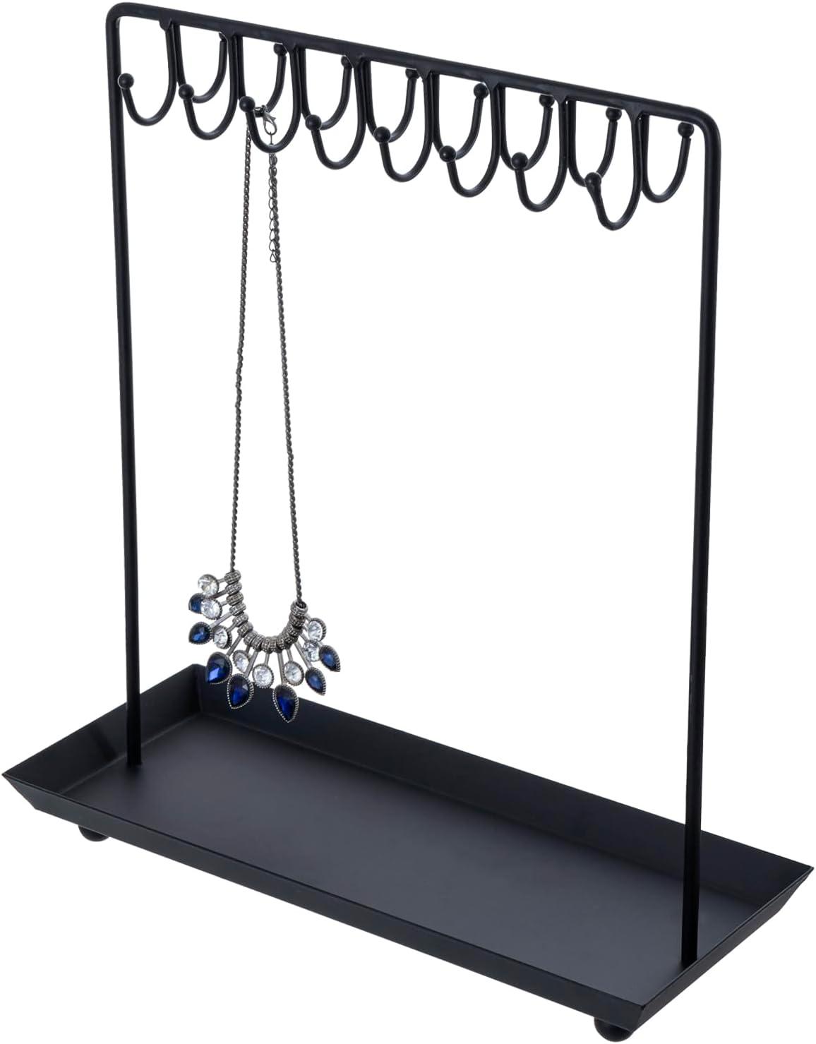 Black Metal 14-Inch Jewelry Organizer Stand with Hooks and Tray