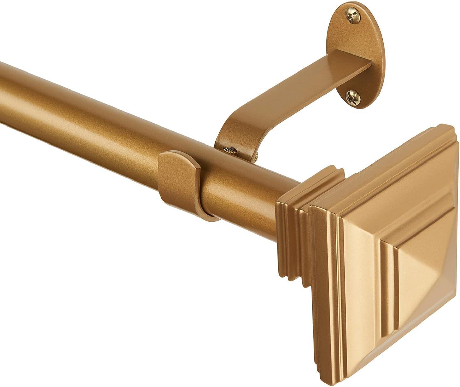 Florence 1" Window Drapery Single Curtain Rod with Stacked Square Finial - 28"-48" - Soft Gold - Elrene Home Fashions