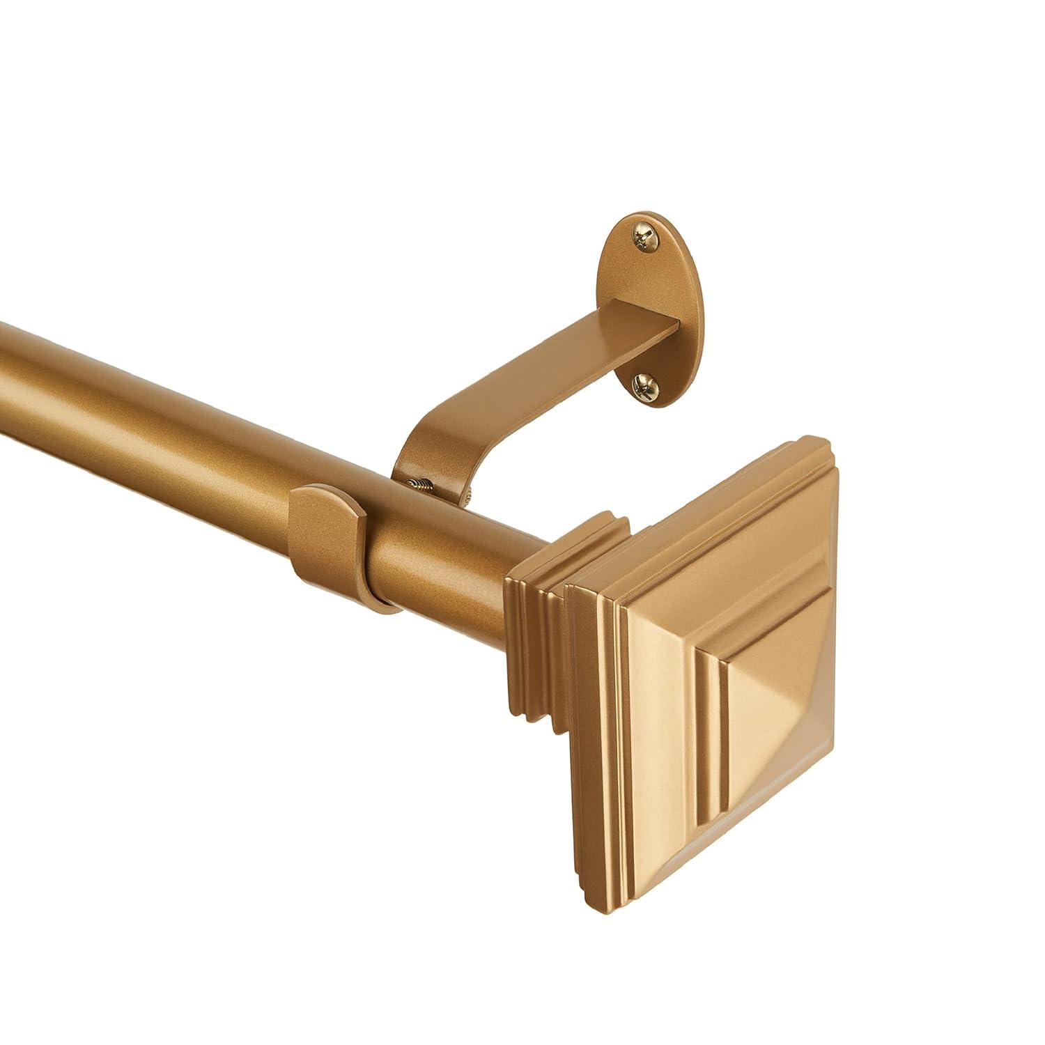 Florence 1" Window Drapery Single Curtain Rod with Stacked Square Finial - 28"-48" - Soft Gold - Elrene Home Fashions