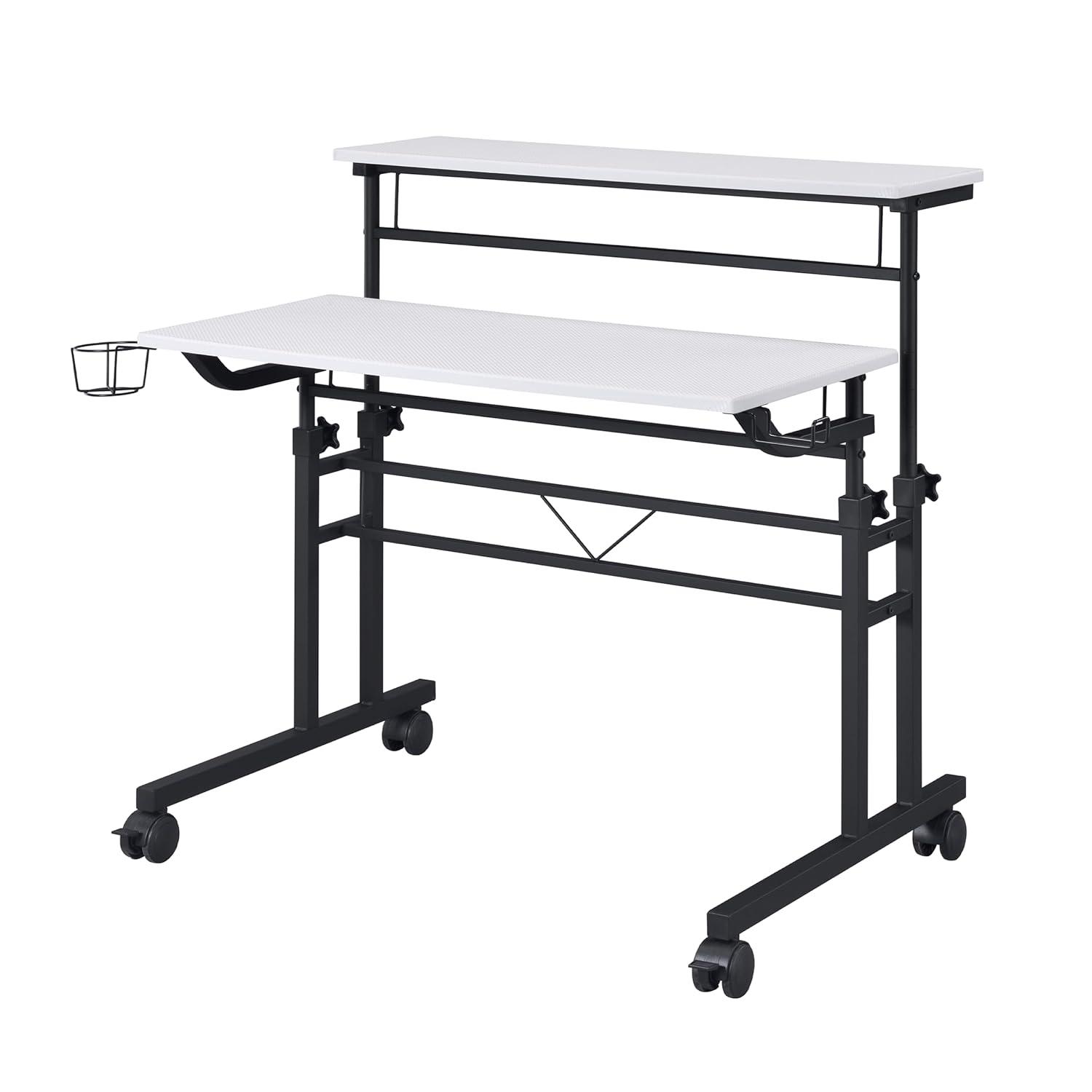 Rolling Writing Desk with Height Adjustable Desktop and Moveable Shelf White - Techni Mobili: Locking Casters, Open Storage