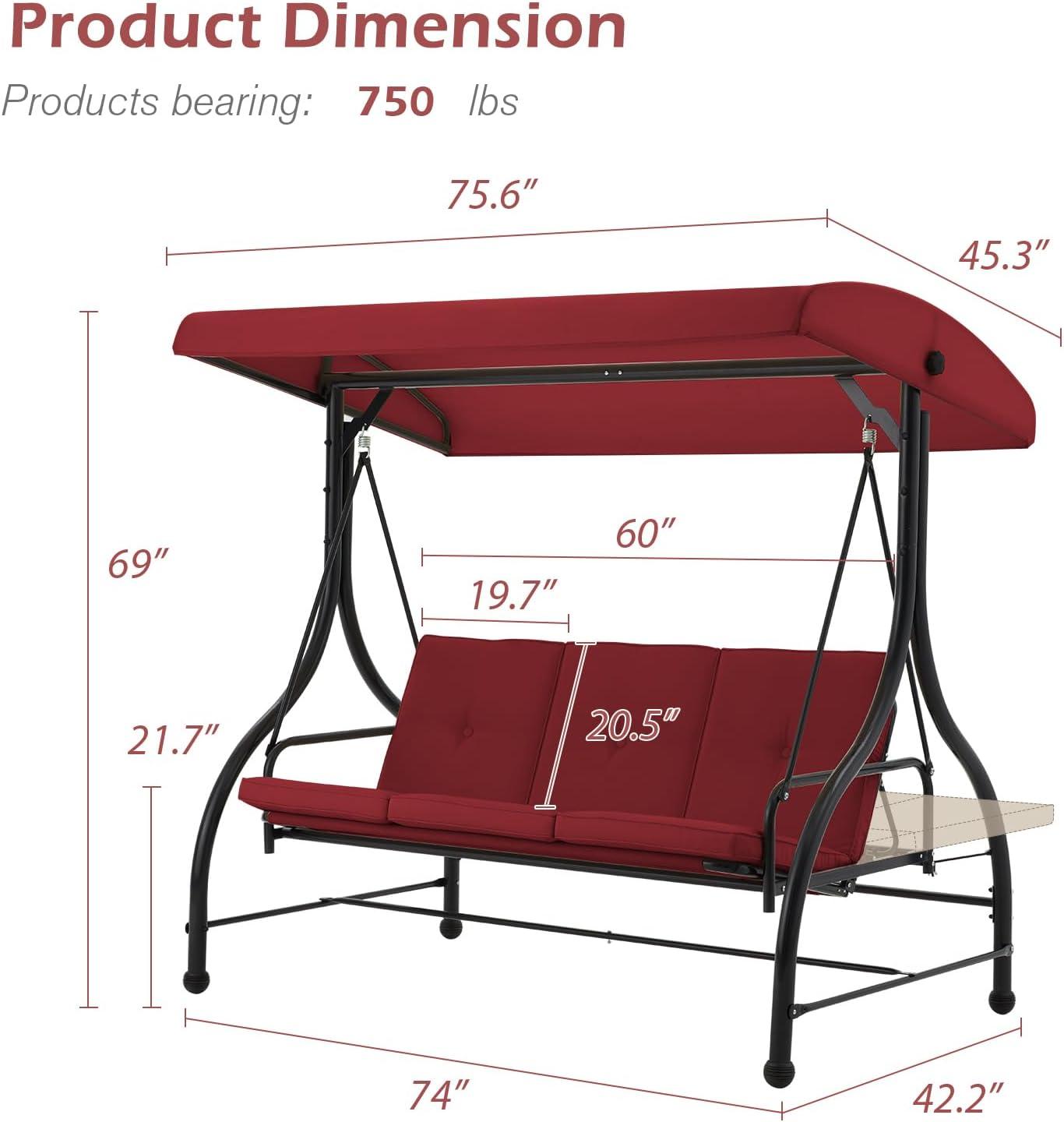 Burgundy 3-Seat Outdoor Swing with Adjustable Canopy and Cushions