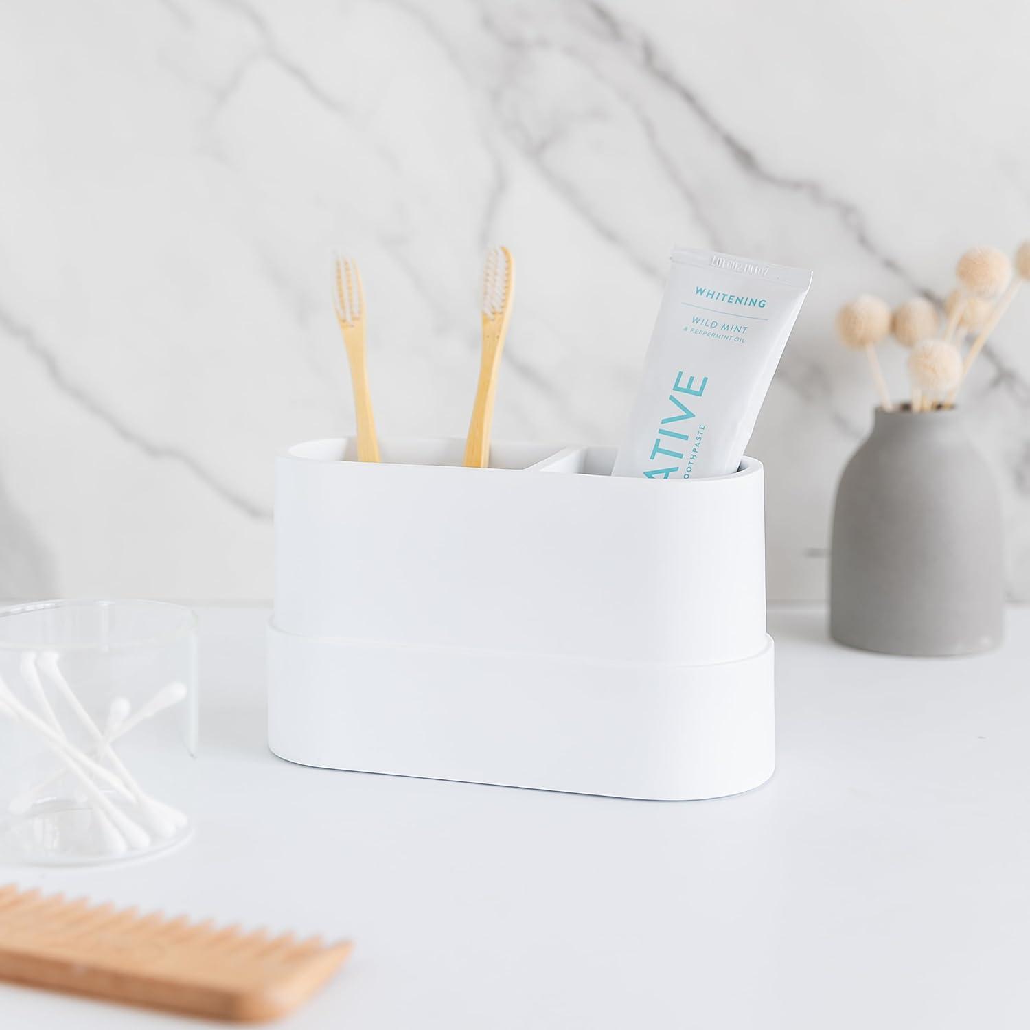 Matte White Resin Toothbrush and Toothpaste Holder with Rubber Pads