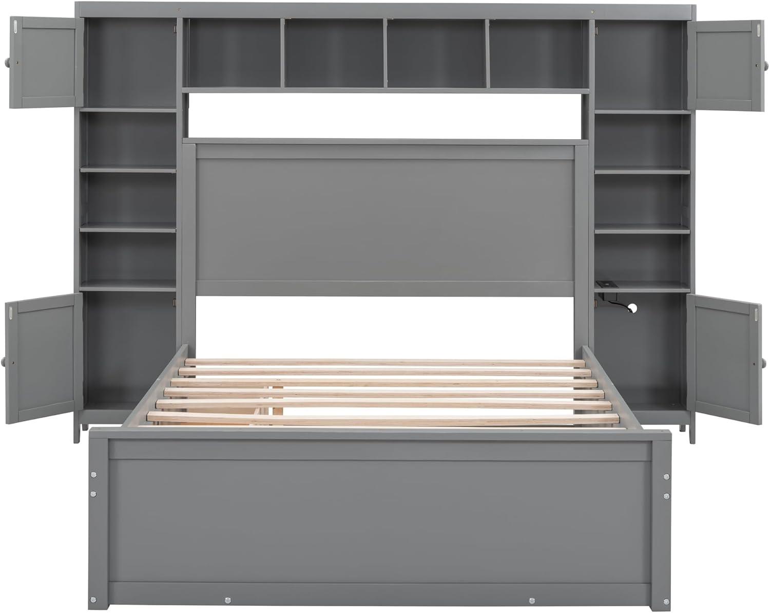 MODERNLUXE Queen Size Bed Frame with Trundle,Solid Wood Platform Bed with 10 Shelves,2 Storage Drawers,4 Cabinets,Charging Station and Bookcase Headboard,No Box Spring Needed/Noise Free,Gray